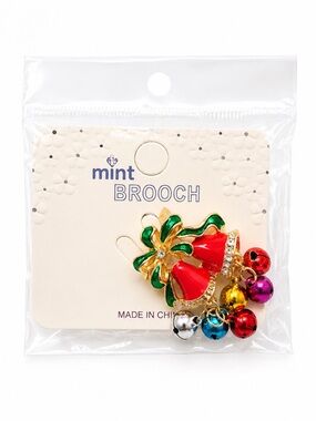 Mint Red & Green Bell Brooch- Goldtone Hardware and Multicolor Jingle Bells